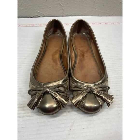 Coach Sophia Gold Metallic Canvas Tassel Bow Tie Ballet Flats Size 8.5 - Picture 1 of 6